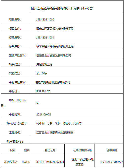 曬米臺(tái)屋面等相關(guān)維修提升工程的中標(biāo)公告(圖1)